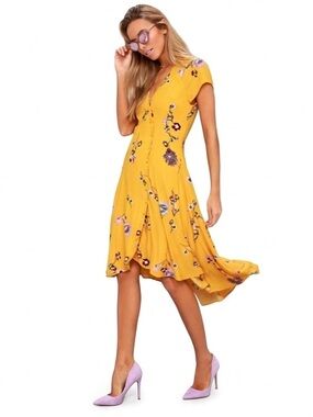 FREE PEOPLE Lost In You Yellow Floral Midi Dress Small